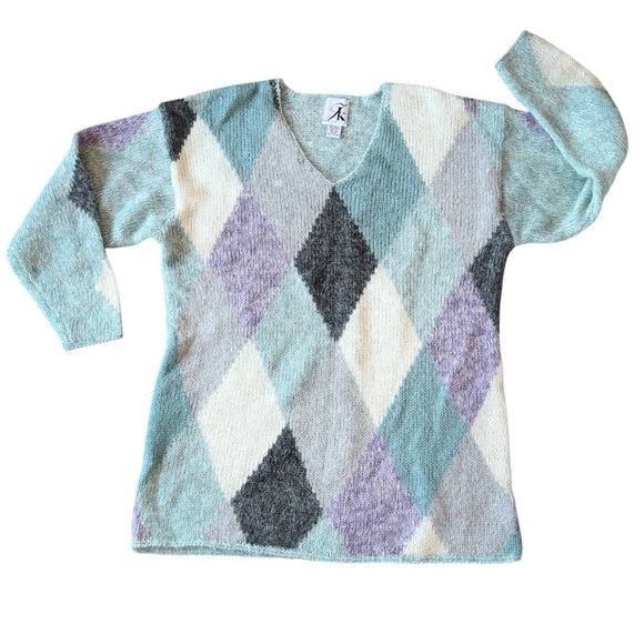 Vintage Mohair Blend Argyle Sweater 90s Pastel Knit Made In Hong Kong Cozy - Picture 7 of 12